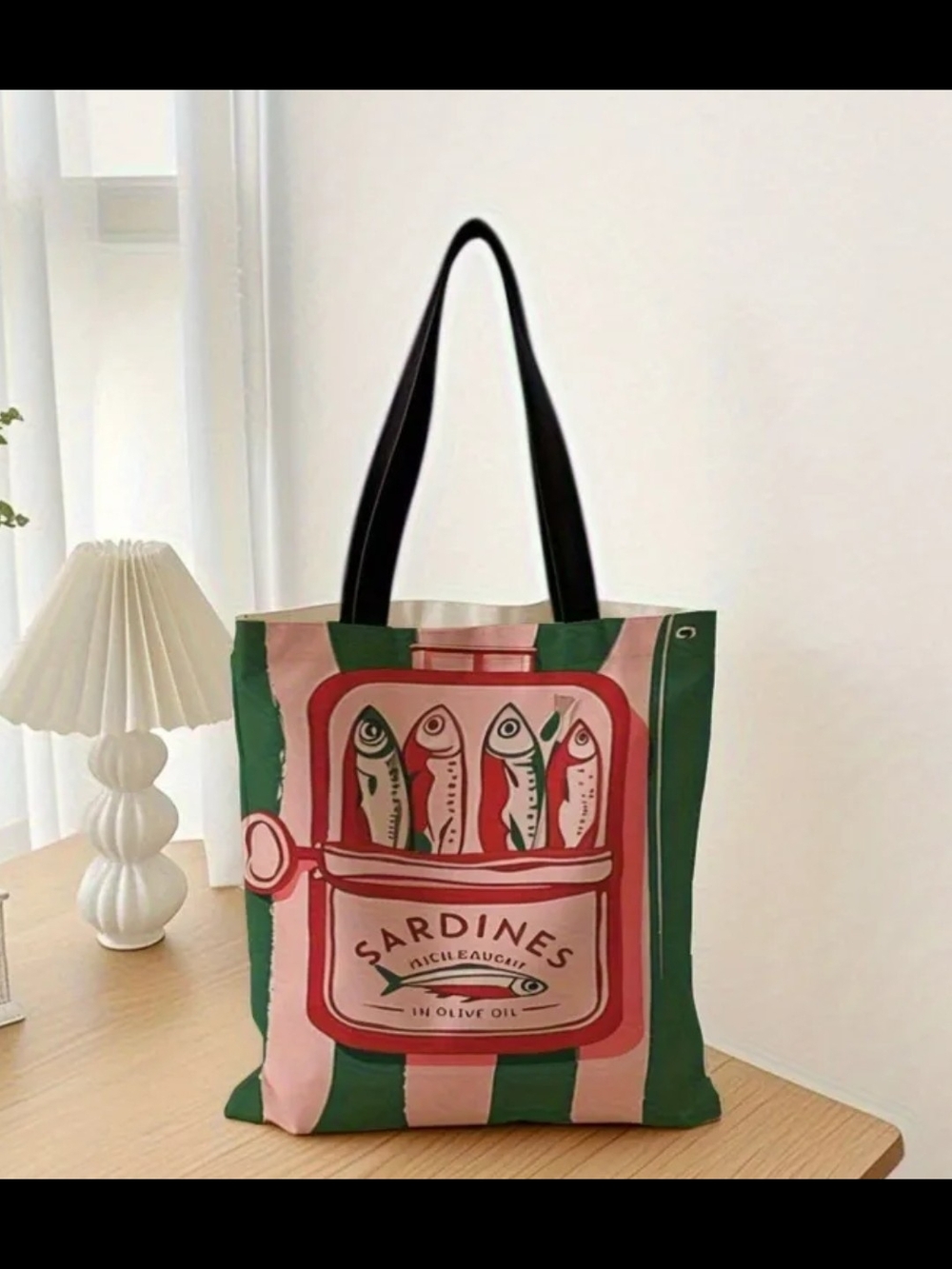 Sardines Graphic Tote Bag in Green and Pink - Picture 3 of 3